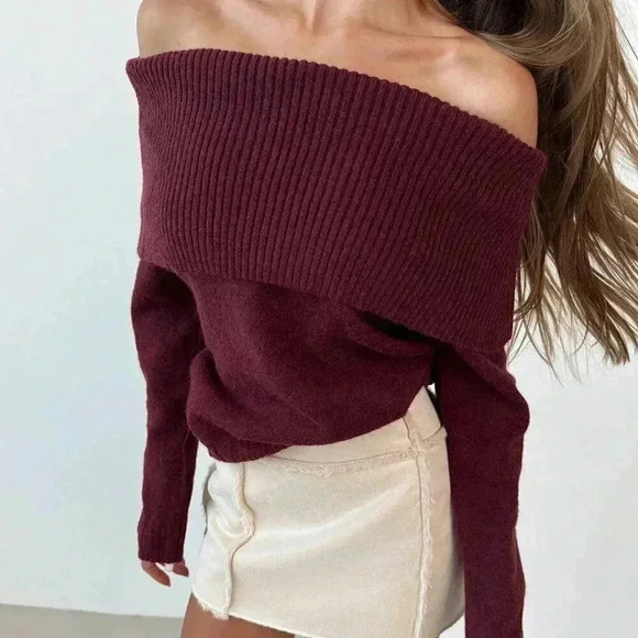 Burgundy Casual Women's Off-Shoulder Long-Sleeved Knitted Sweater - Picture 2 of 6